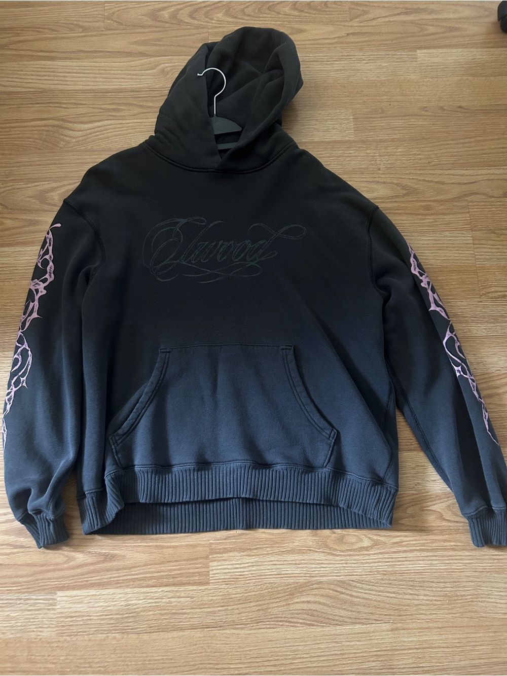 Elwood Black Hooded Sweatshirt with Pink Sleeve Design